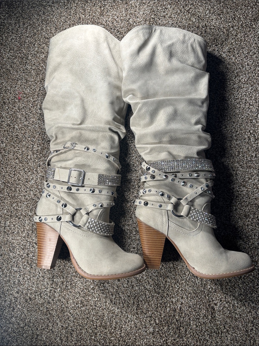 VENUS Cream Slouchy Mid-Calf Heeled Boots with Studded Straps